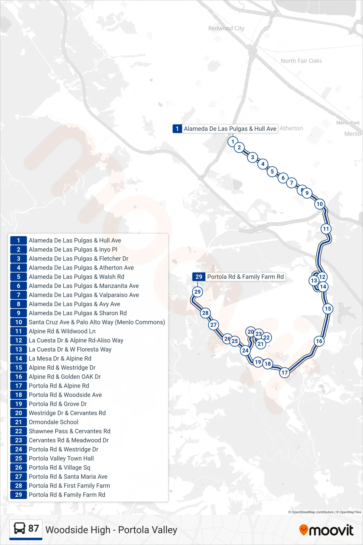 87 bus Line (Portola Valley) route and stops on a map