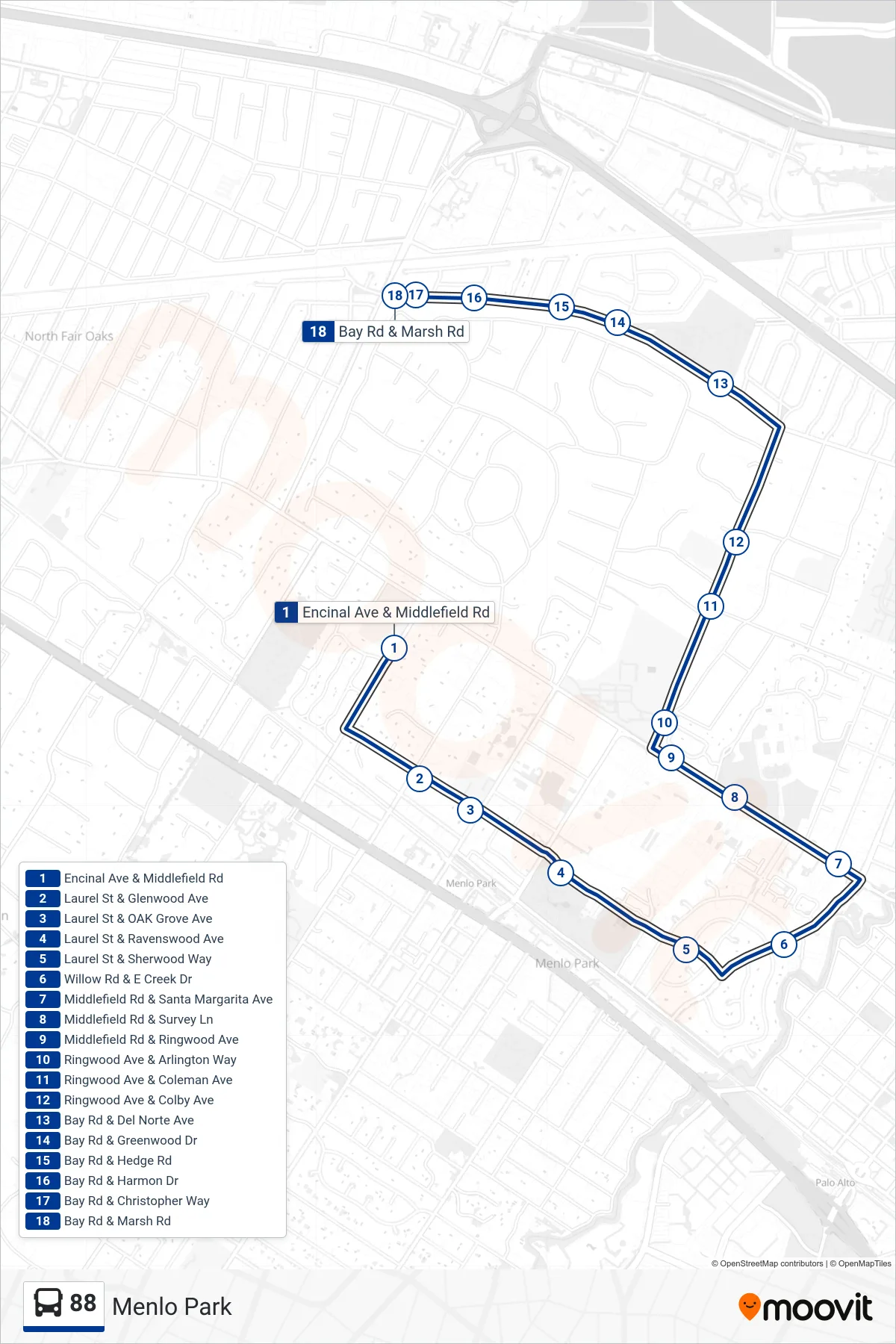 88 bus Line (Menlo Park) route and stops on a map