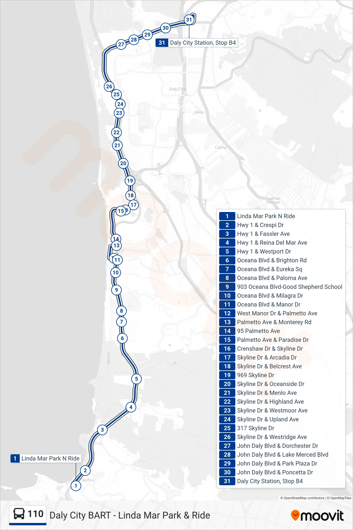 110 bus Line (Daly City BART) route and stops on a map