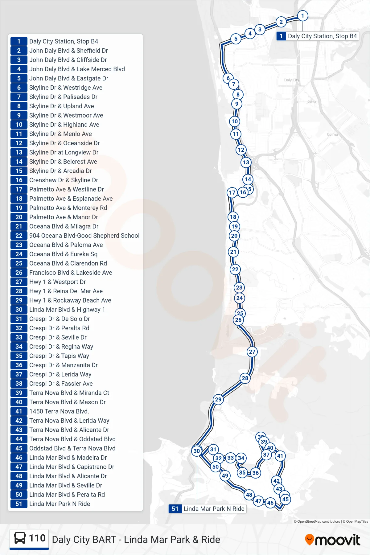 110 bus Line (Pacifica) route and stops on a map