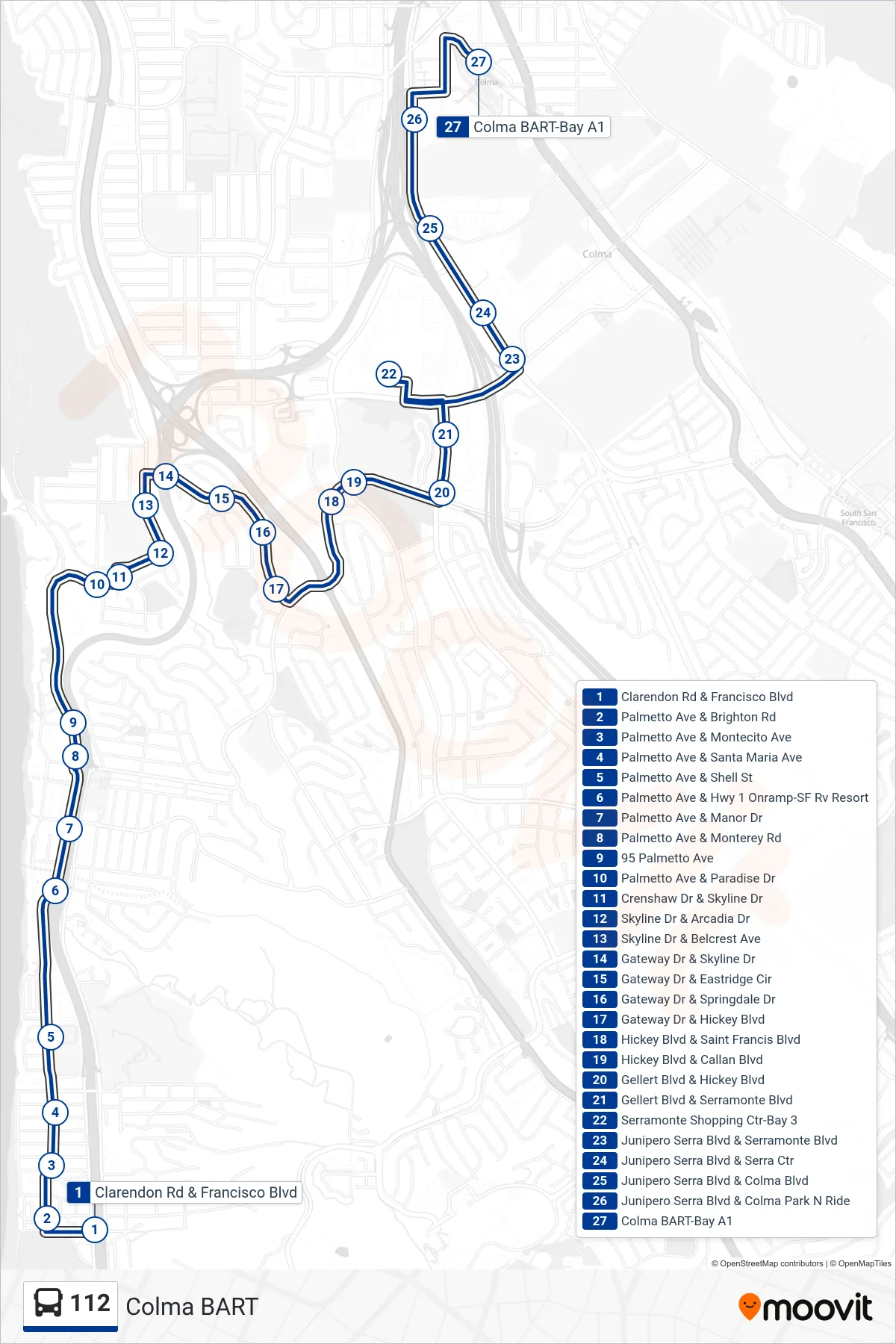 112 bus Line (Colma BART) route and stops on a map