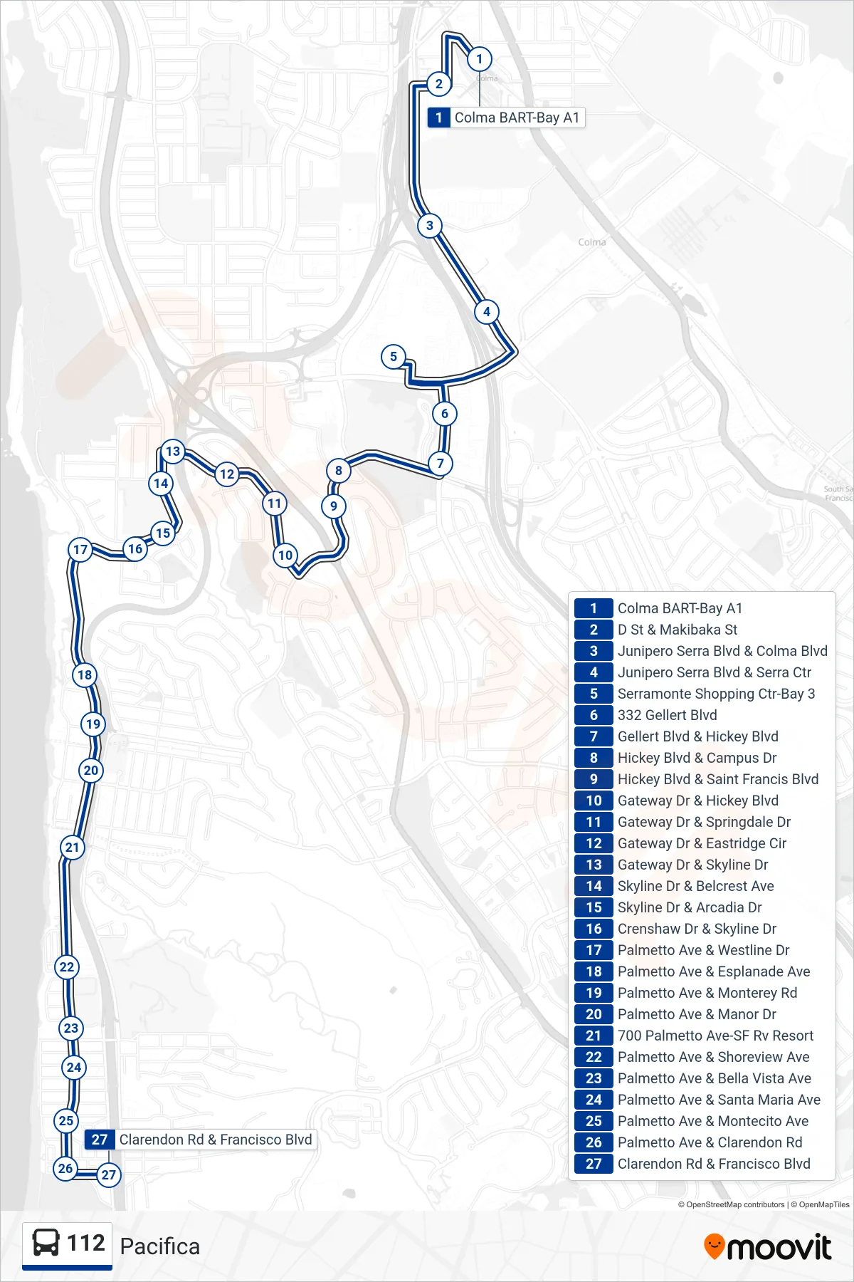 112 bus Line (Pacifica) route and stops on a map