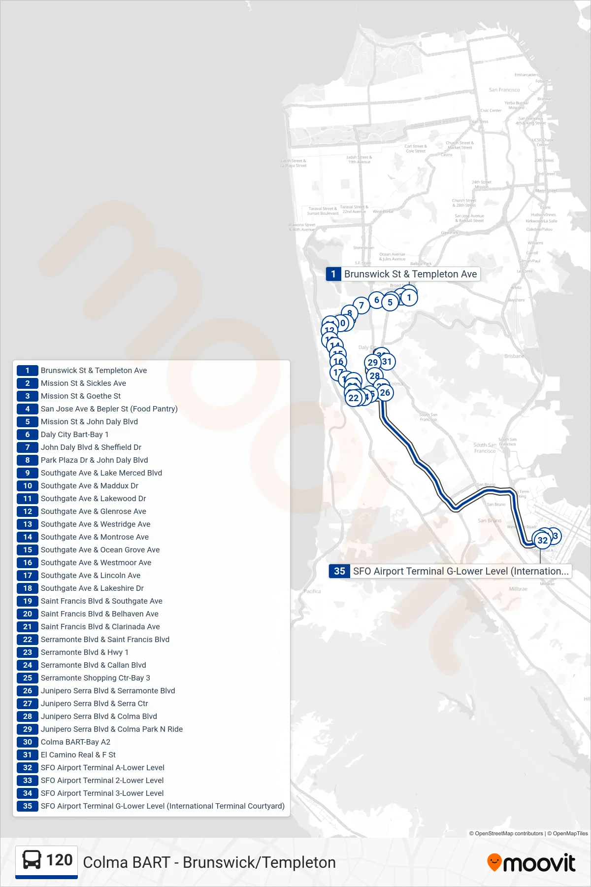 120 bus Line (SFO) route and stops on a map