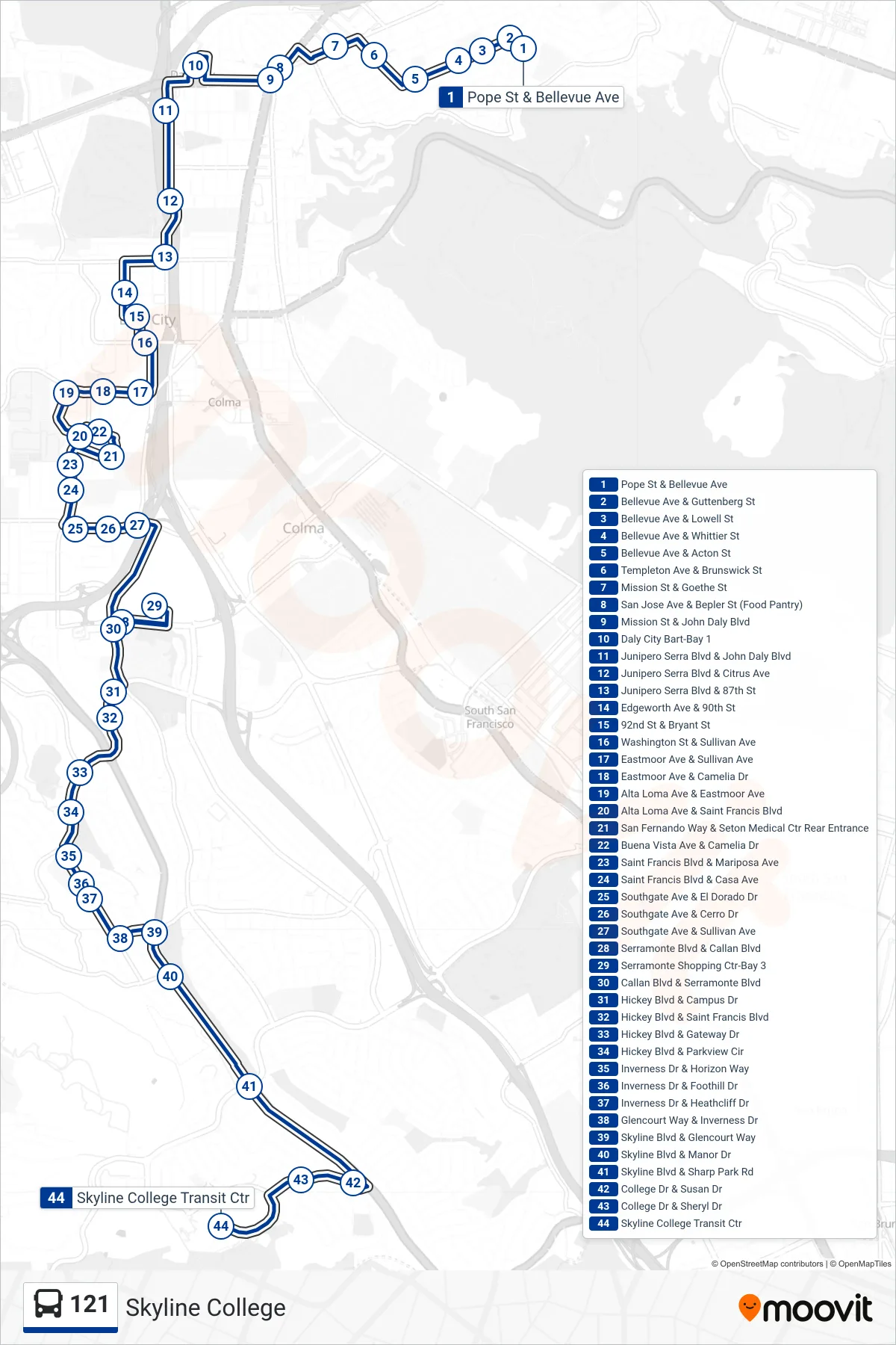 121 bus Line (Skyline College) route and stops on a map