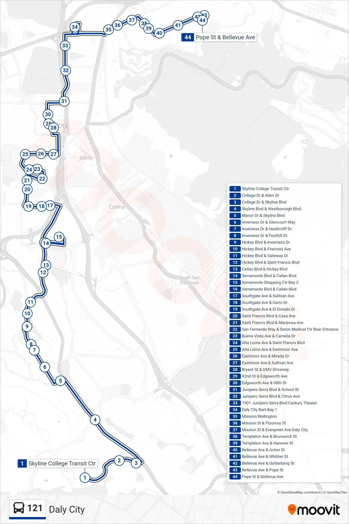 121 bus Line (Daly City) route and stops on a map