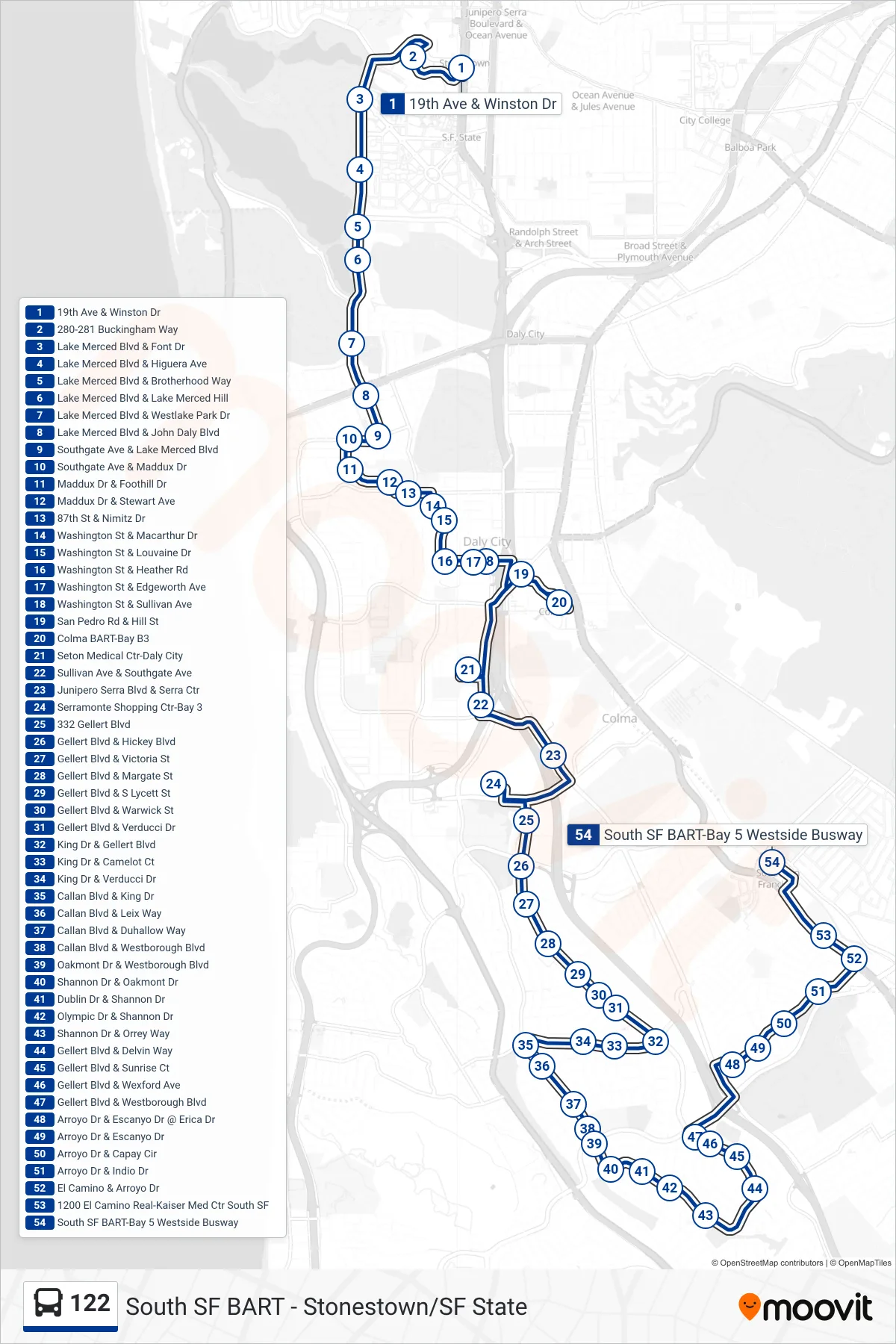 122 bus Line (South SF BART) route and stops on a map