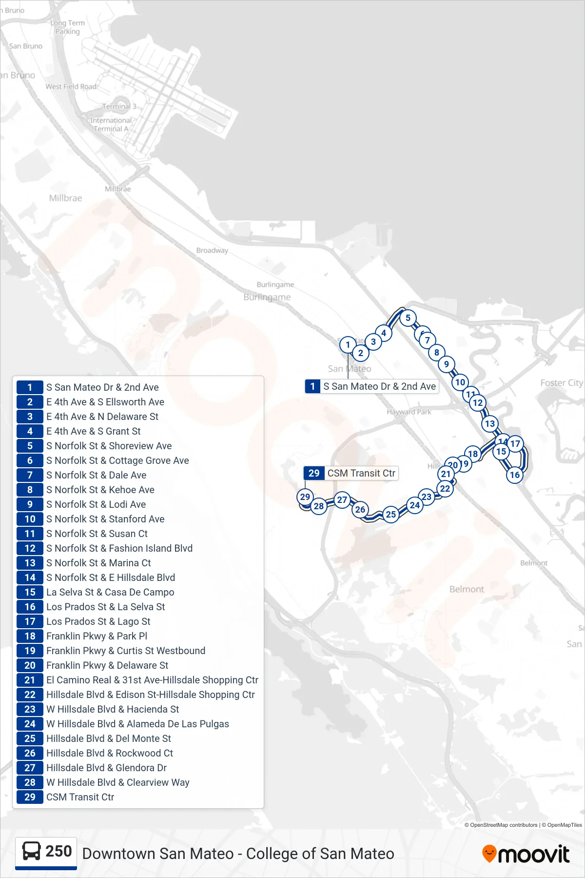 250 bus Line (College of San Mateo) route and stops on a map