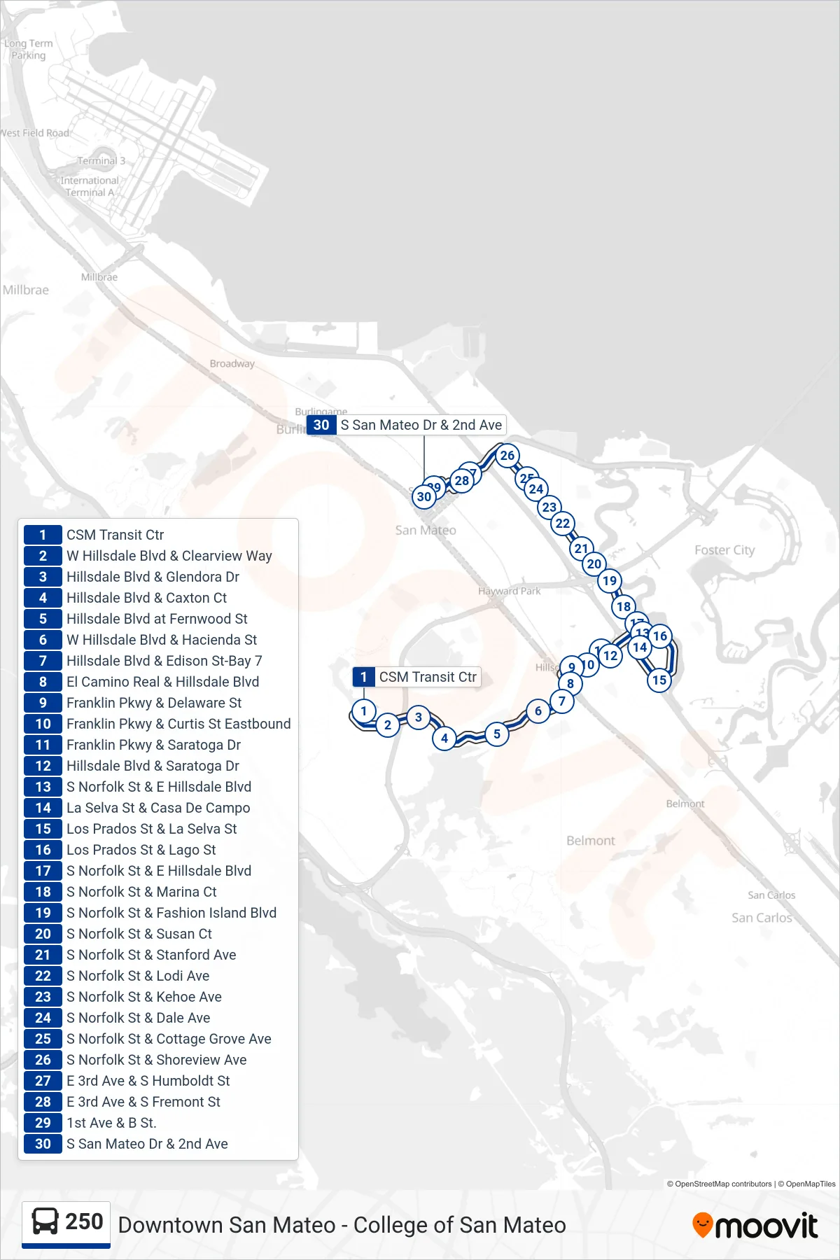 250 bus Line (Downtown San Mateo) route and stops on a map