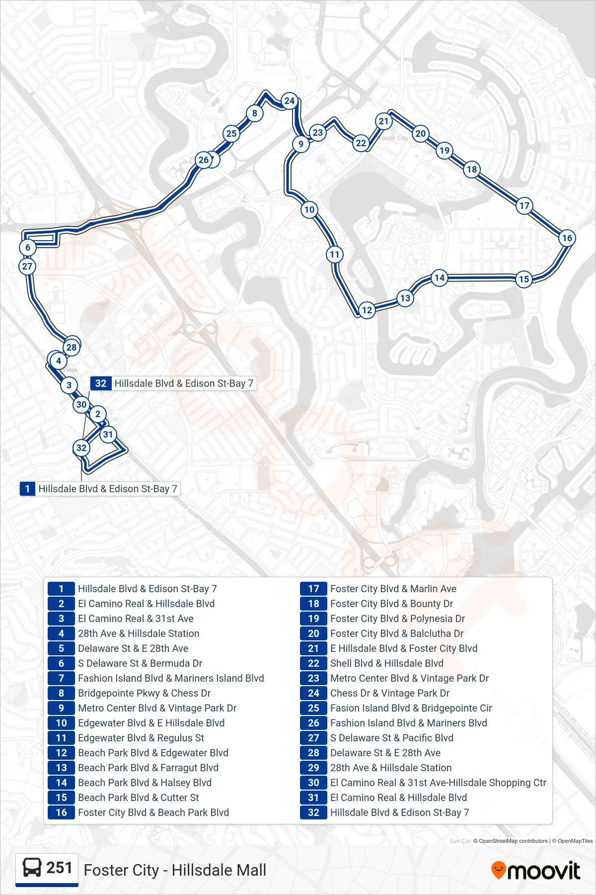 251 bus Line (Foster City - Hillsdale) route and stops on a map