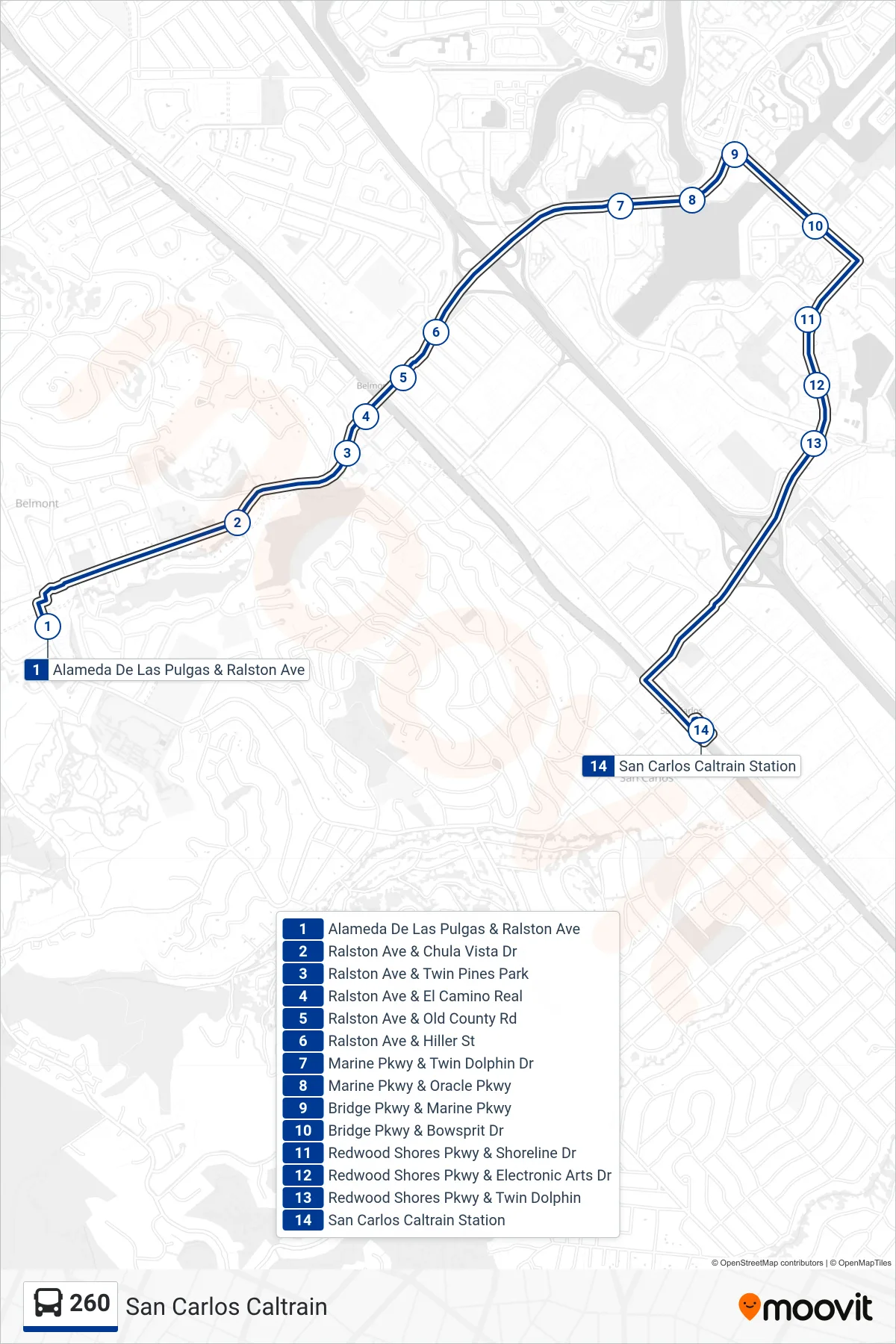 260 bus Line (San Carlos Caltrain) route and stops on a map