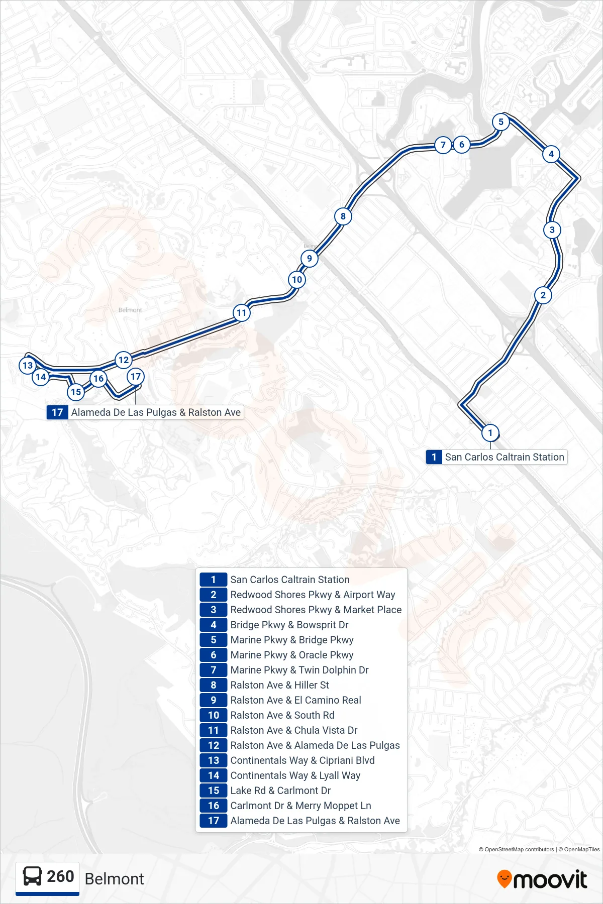 260 bus Line (Belmont) route and stops on a map