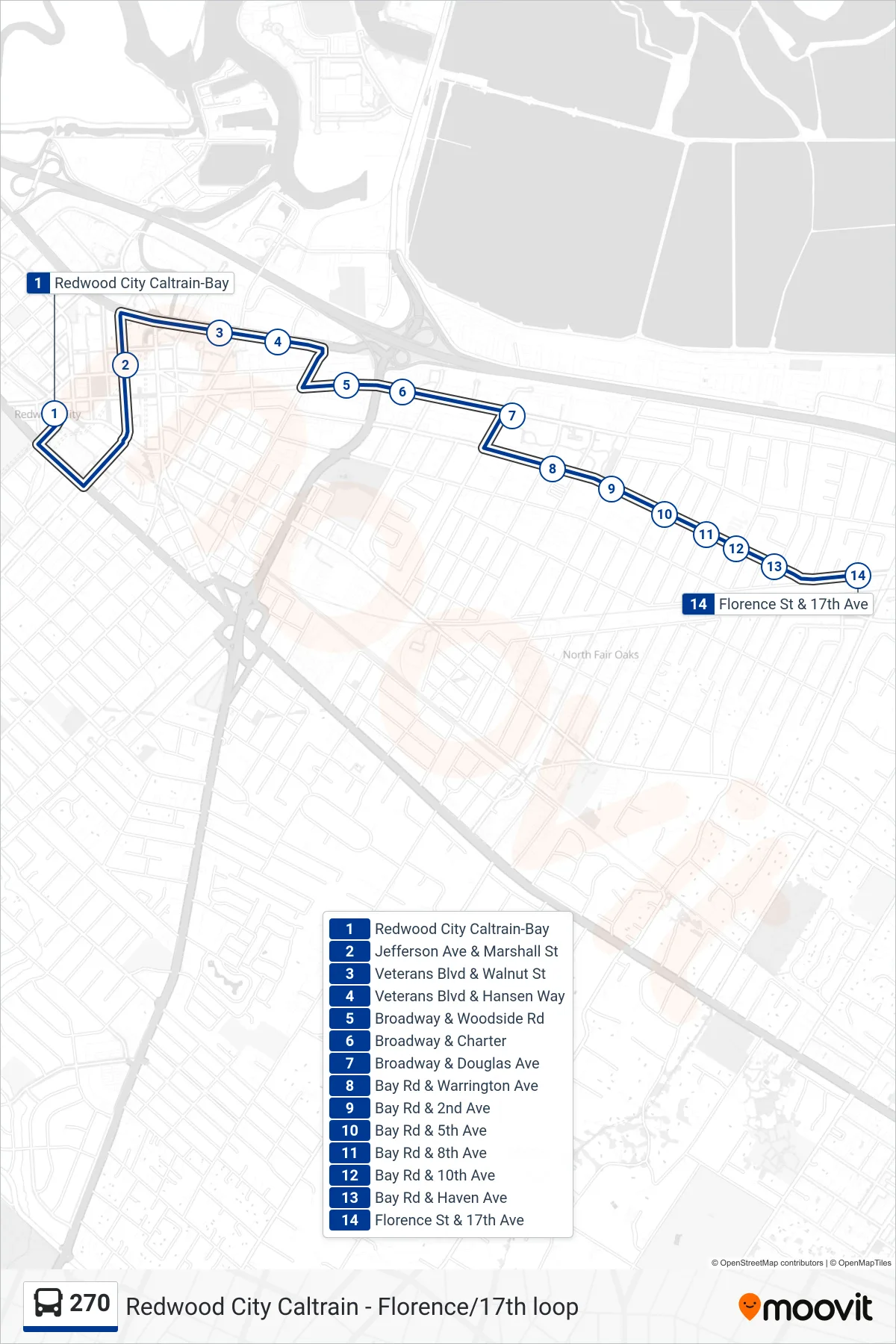270 bus Line (Redwood City Loop) route and stops on a map