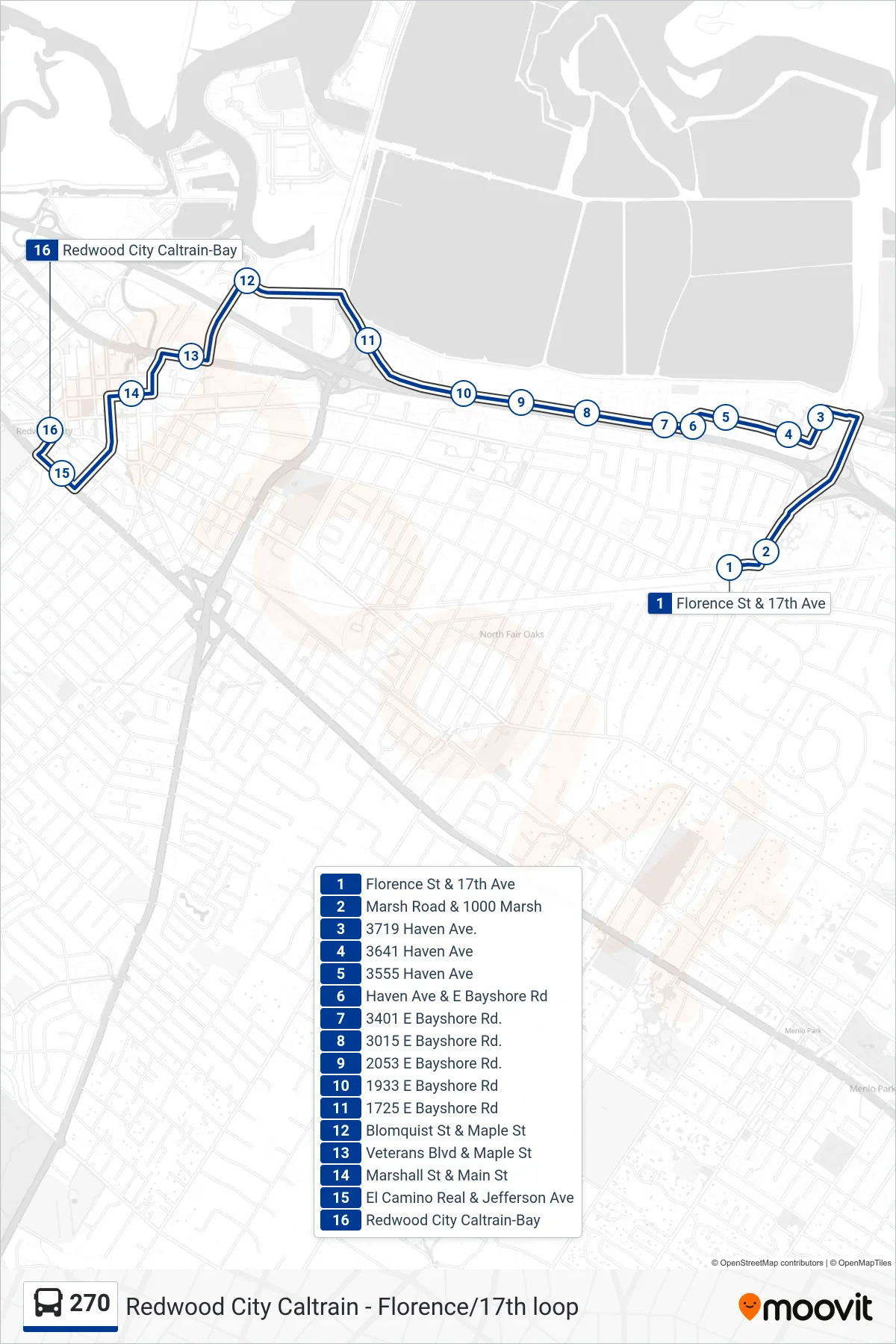 270 bus Line (Redwood City Loop) route and stops on a map