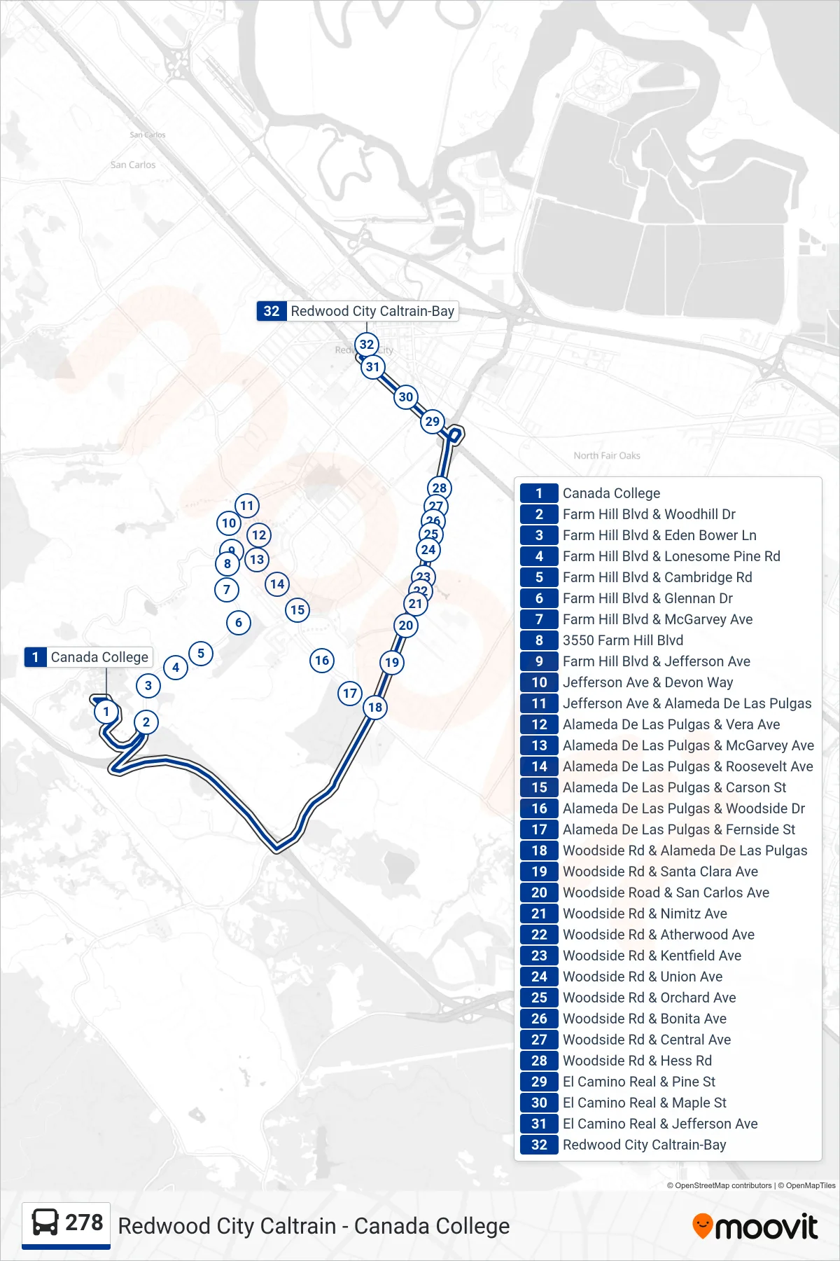 278 bus Line (Redwood City Transit Center) route and stops on a map