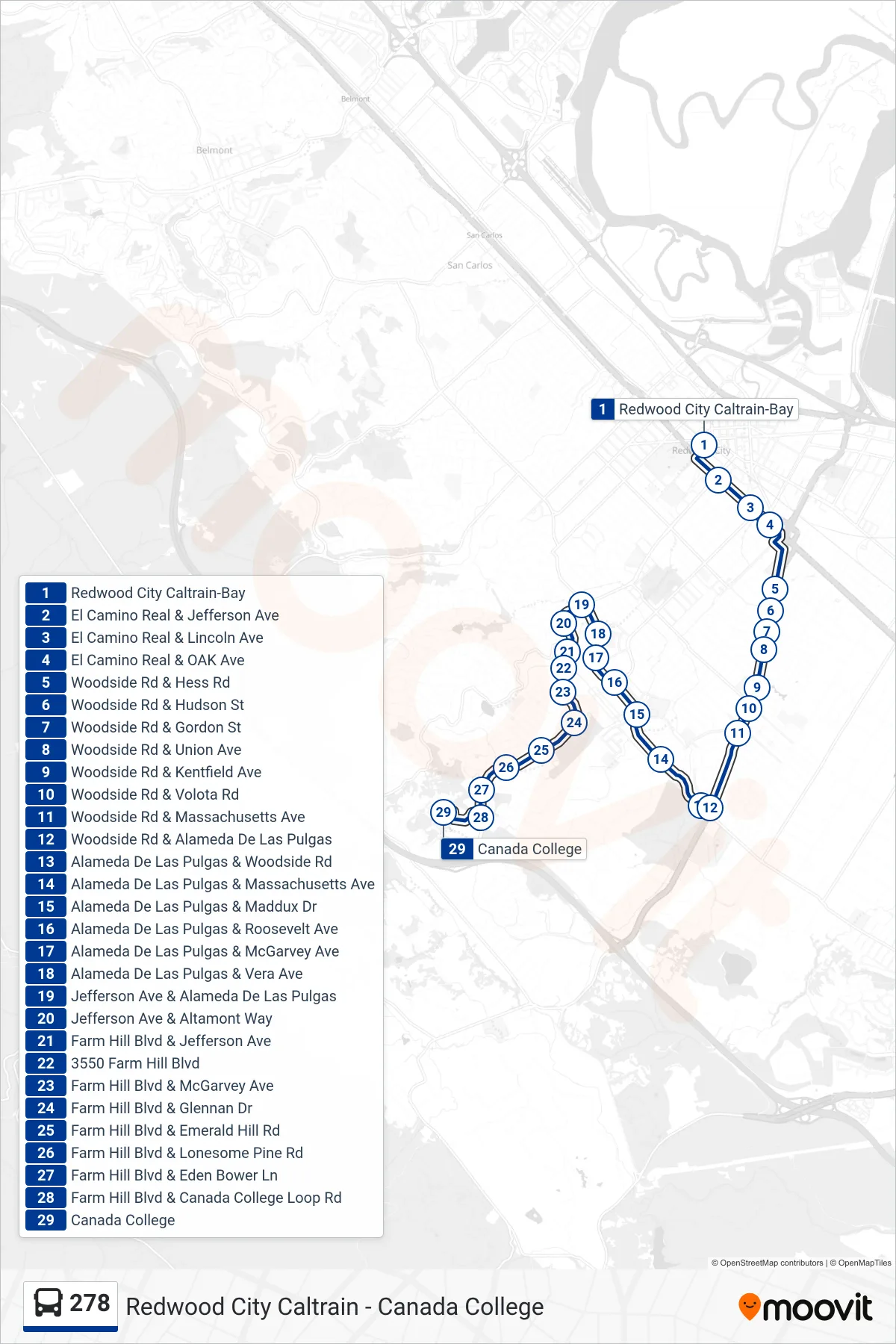 278 bus Line (Cañada College) route and stops on a map