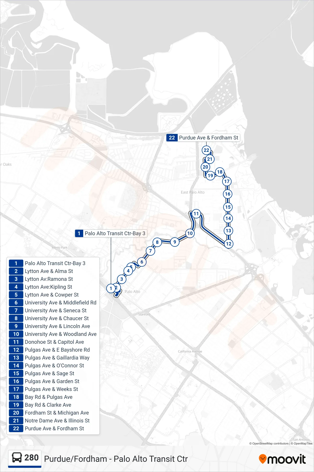 280 bus Line (East Palo Alto) route and stops on a map