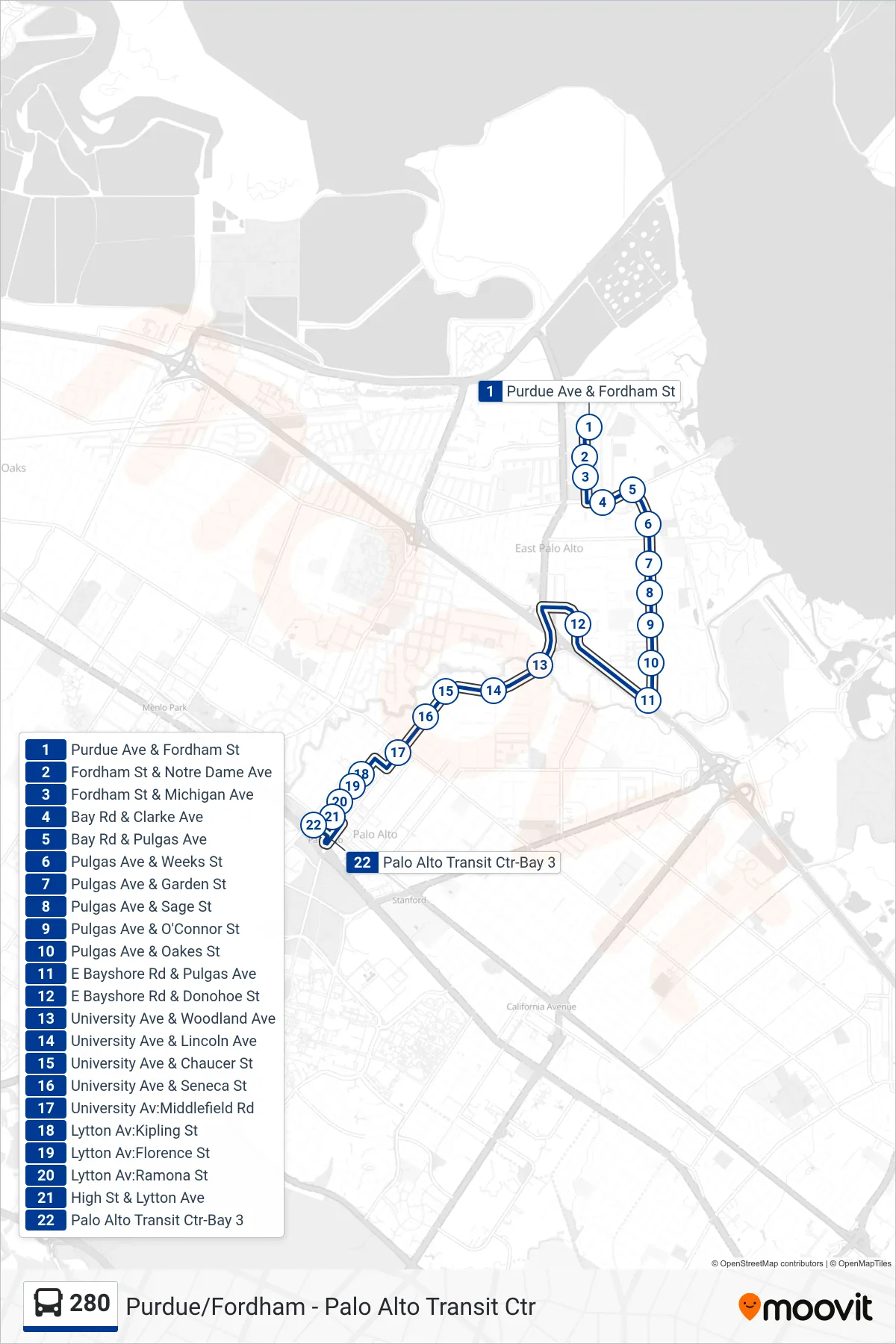 280 bus Line (Palo Alto Transit Center) route and stops on a map