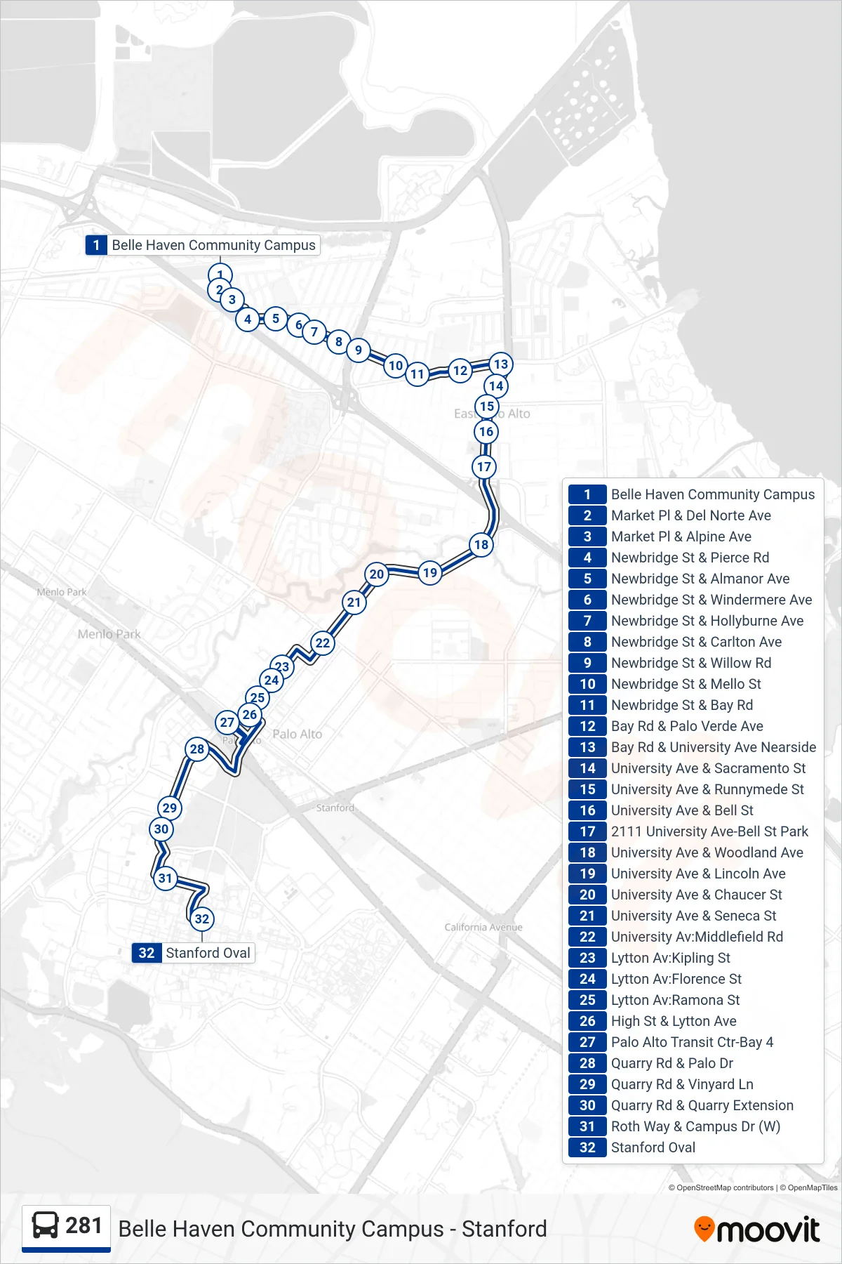 281 bus Line (Stanford Oval) route and stops on a map
