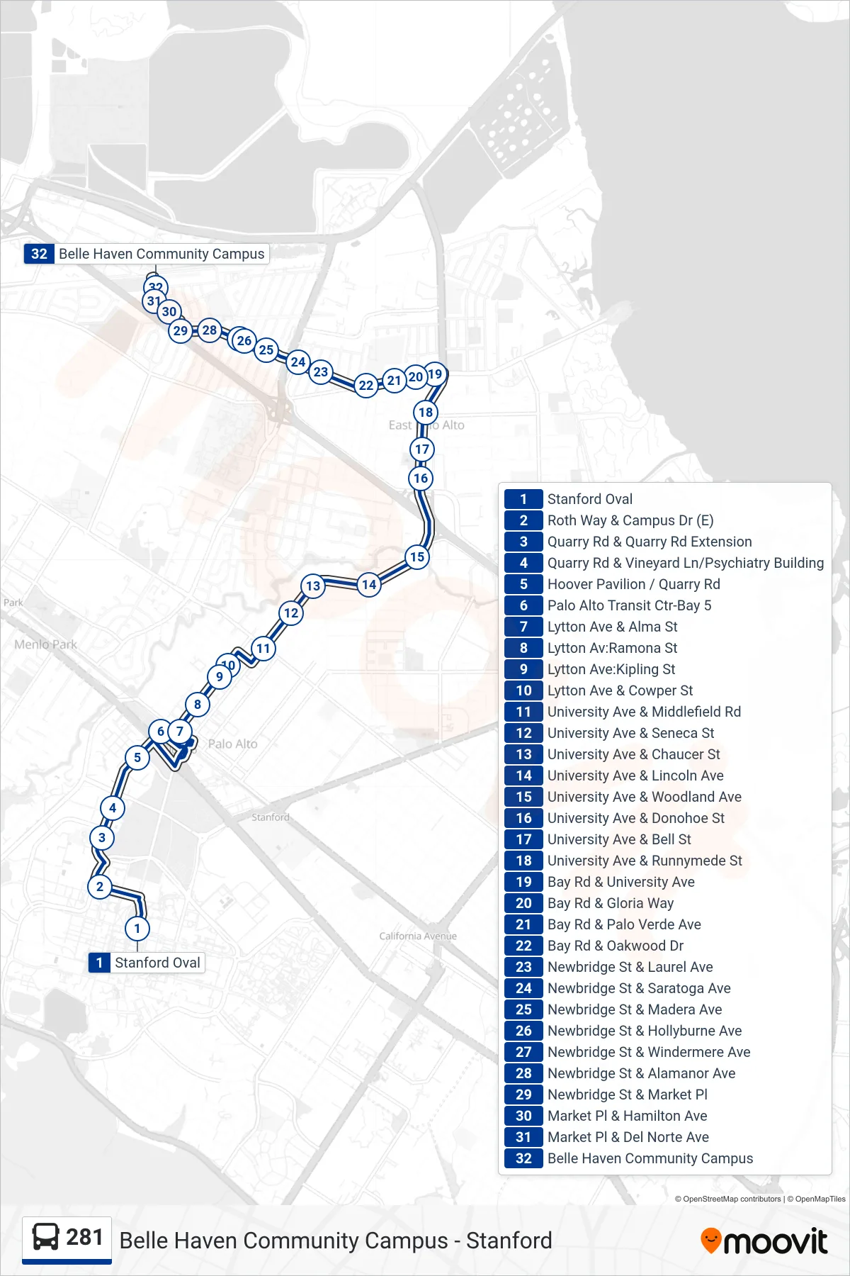 281 bus Line (Belle Haven Community Campus) route and stops on a map