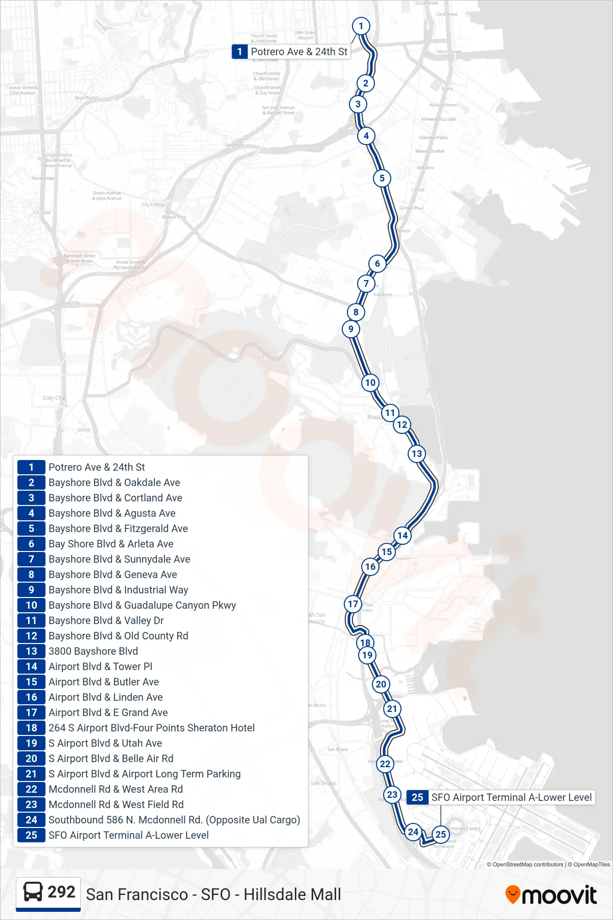 292 bus Line (SFO) route and stops on a map