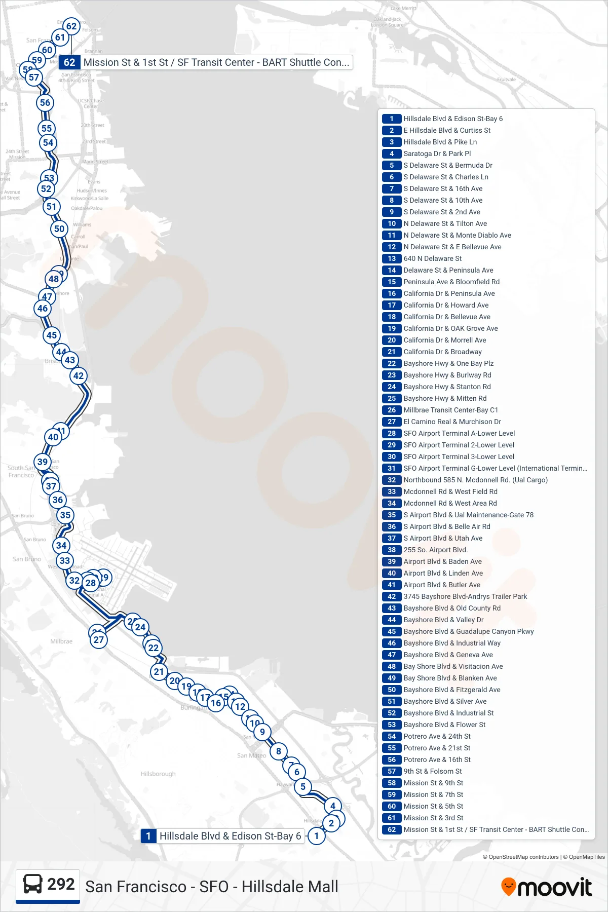 292 bus Line (San Francisco) route and stops on a map