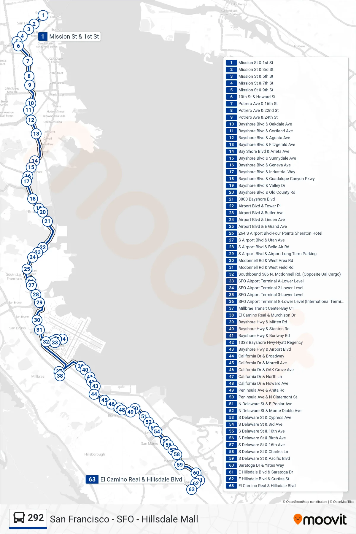 292 bus Line (Hillsdale Mall) route and stops on a map