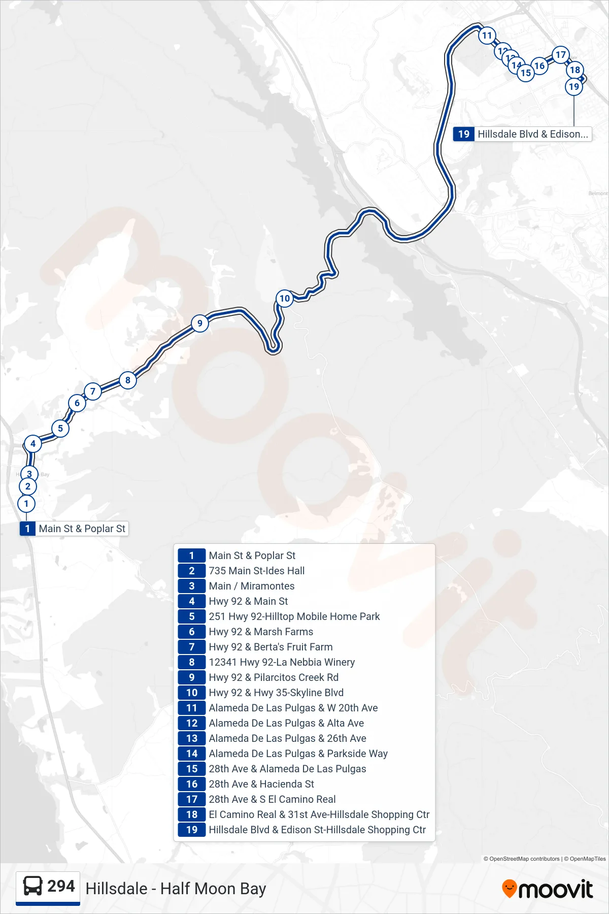 294 bus Line (San Mateo) route and stops on a map