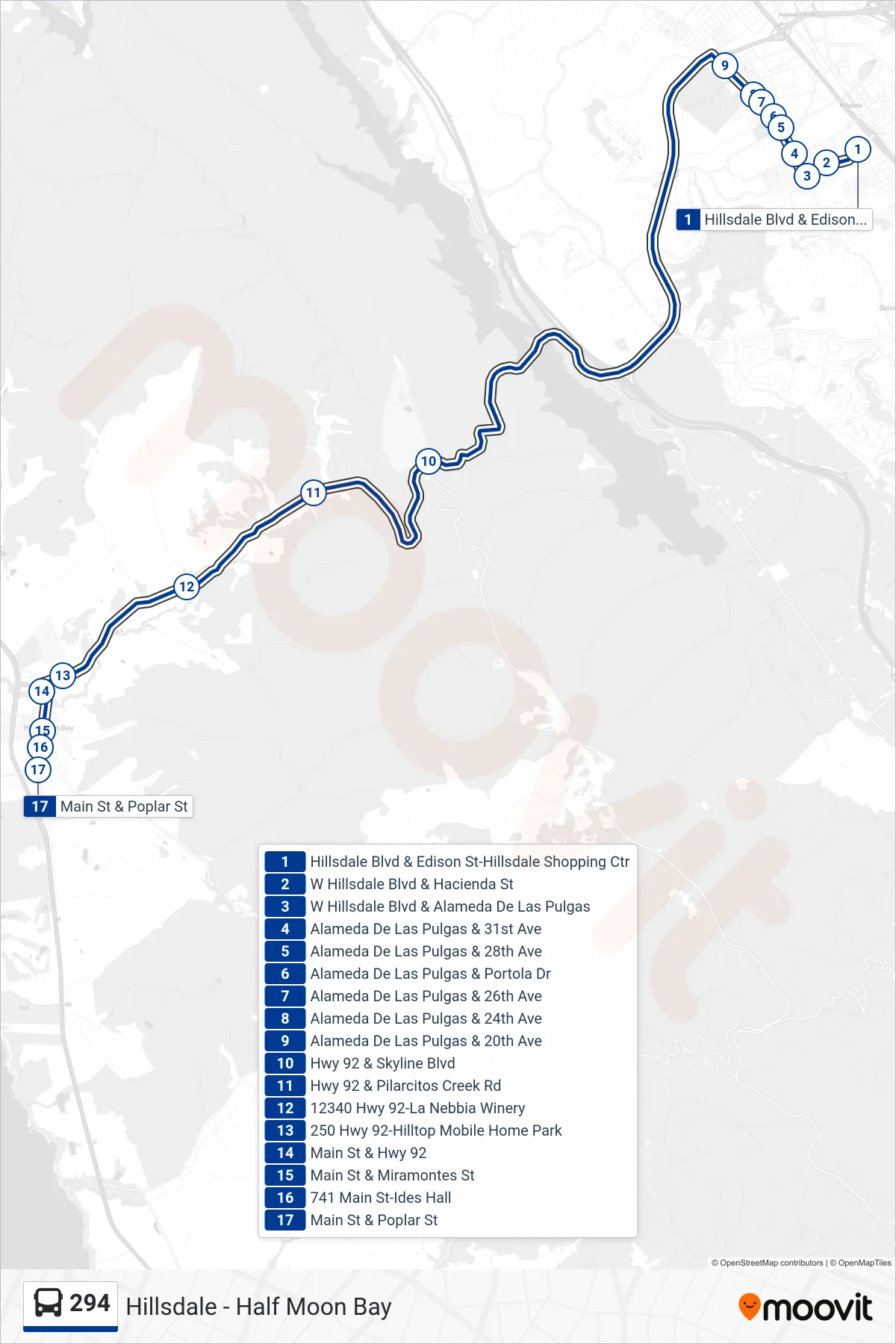 294 bus Line (Half Moon Bay) route and stops on a map