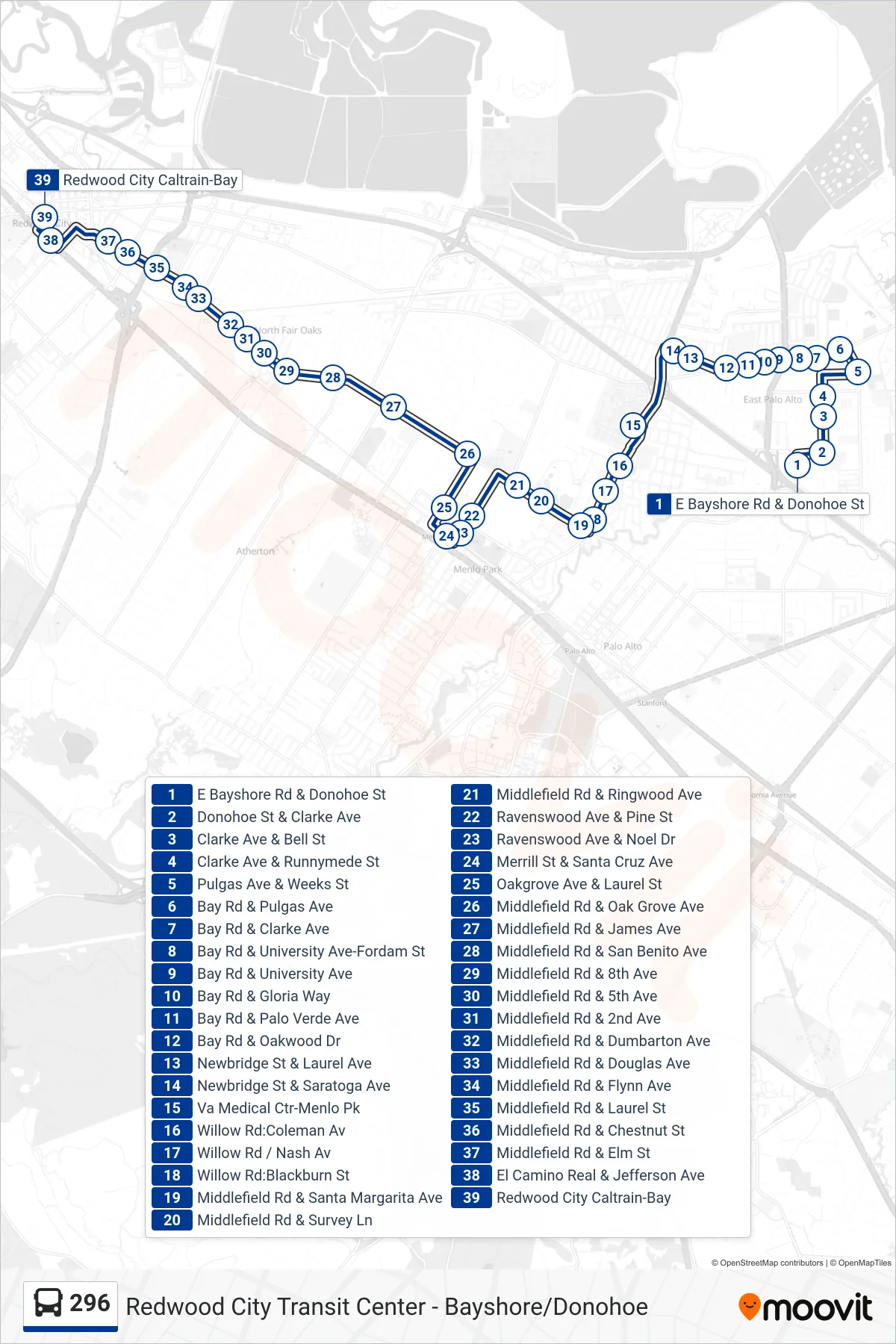 296 bus Line (Redwood City Transit Center) route and stops on a map