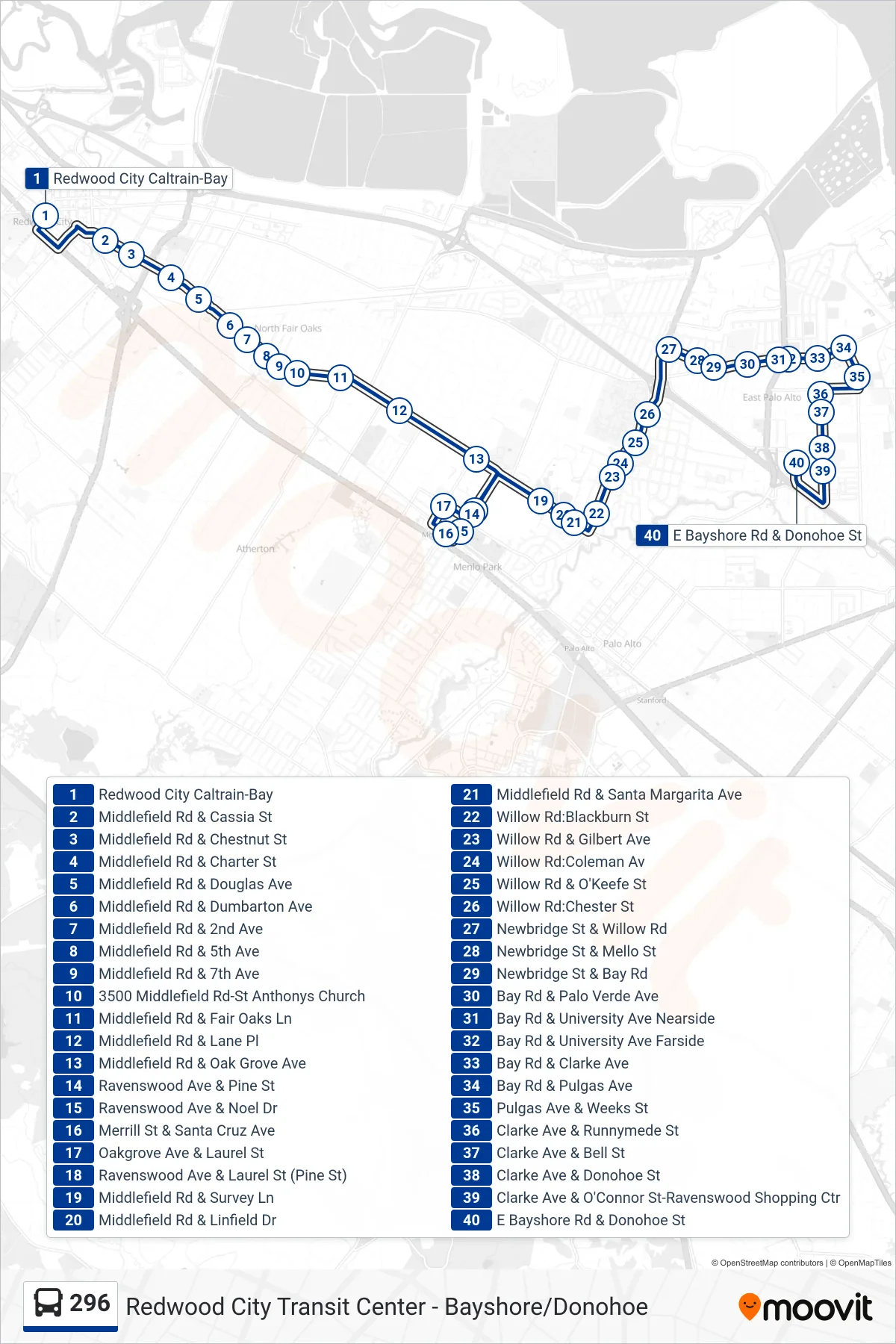 296 bus Line (East Palo Alto) route and stops on a map