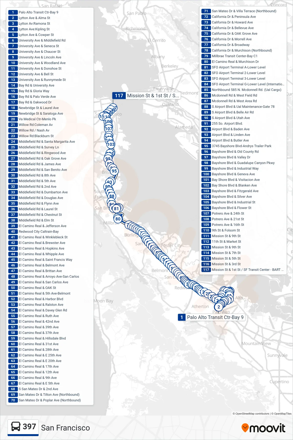397 bus Line (San Francisco) route and stops on a map