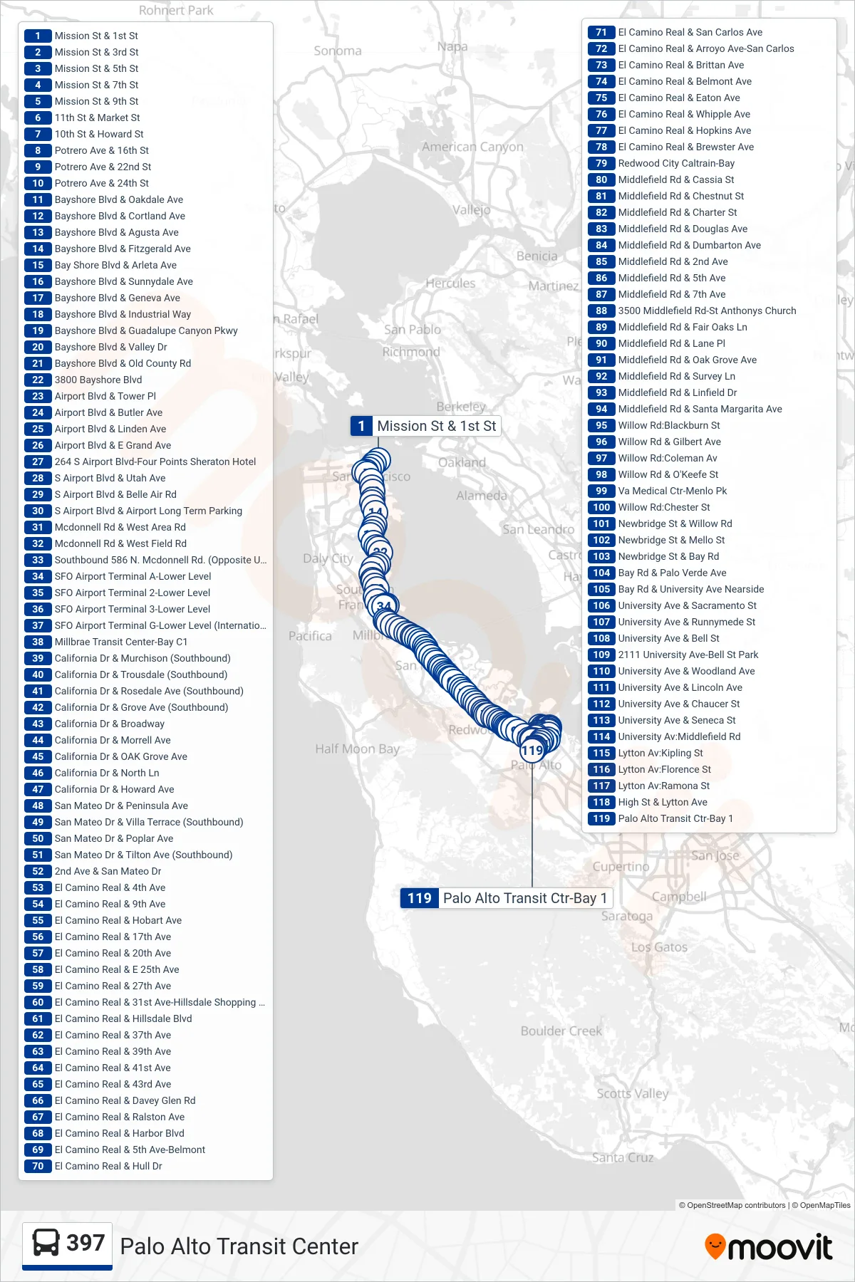 397 bus Line (Palo Alto Transit Center) route and stops on a map