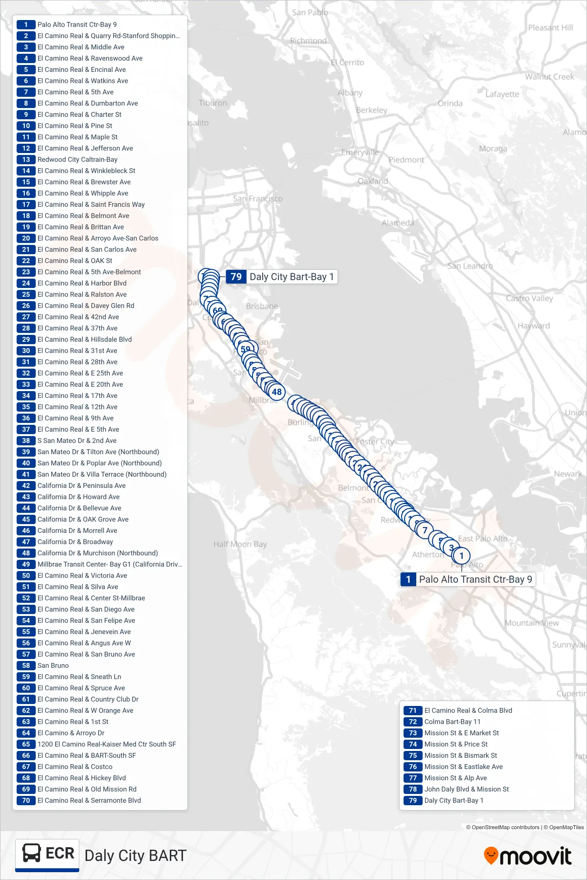 ECR bus Line (Daly City BART) route and stops on a map