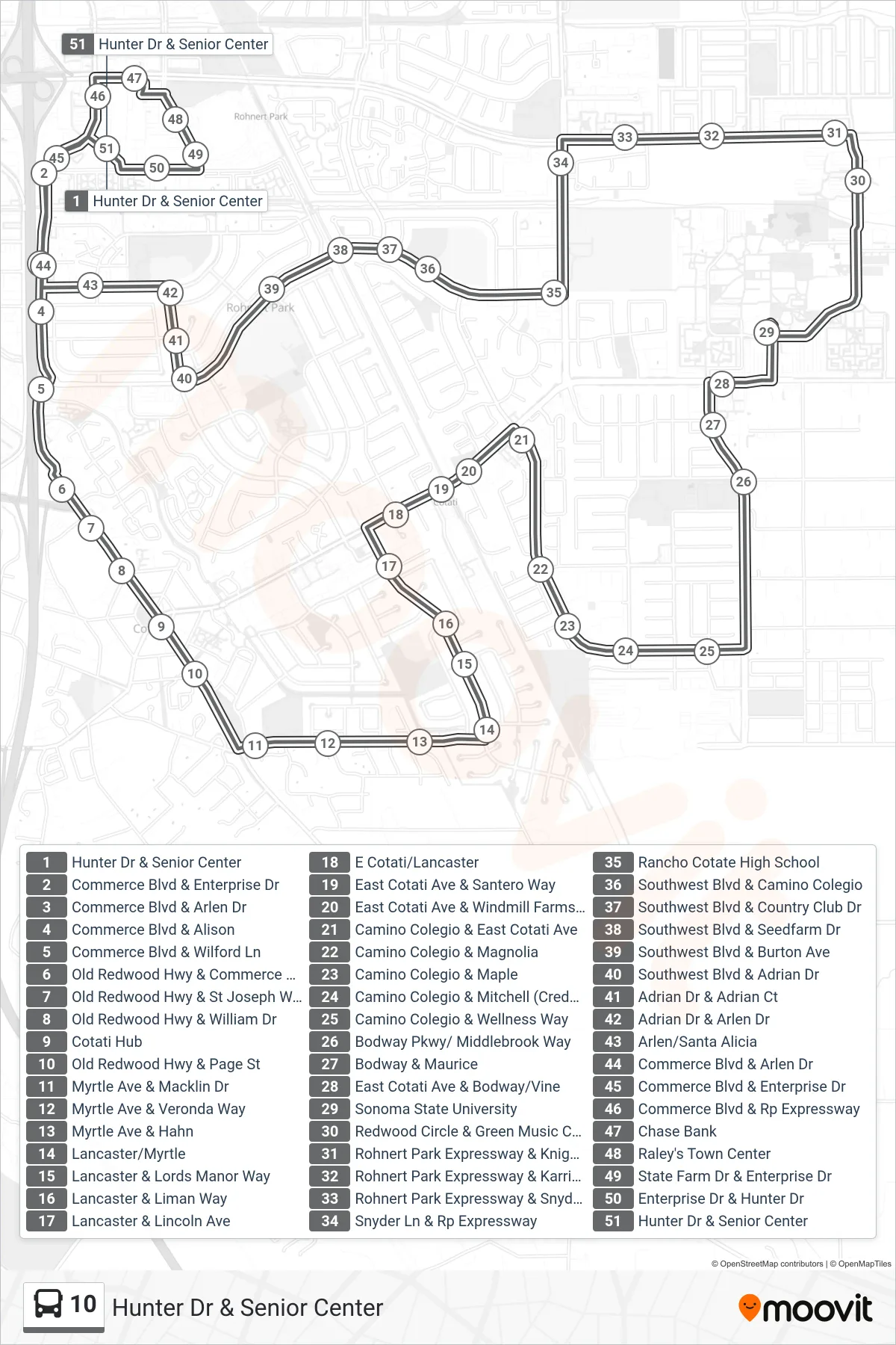 10 bus Line (Hunter Dr & Senior Center) route and stops on a map