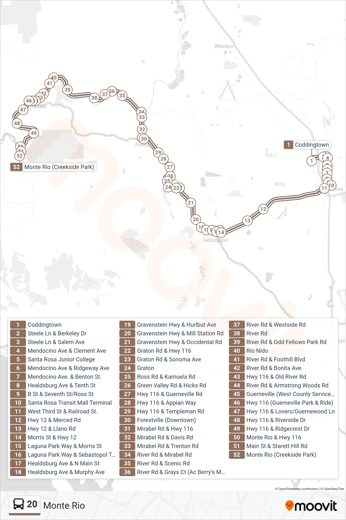 20 bus Line (Monte Rio) route and stops on a map
