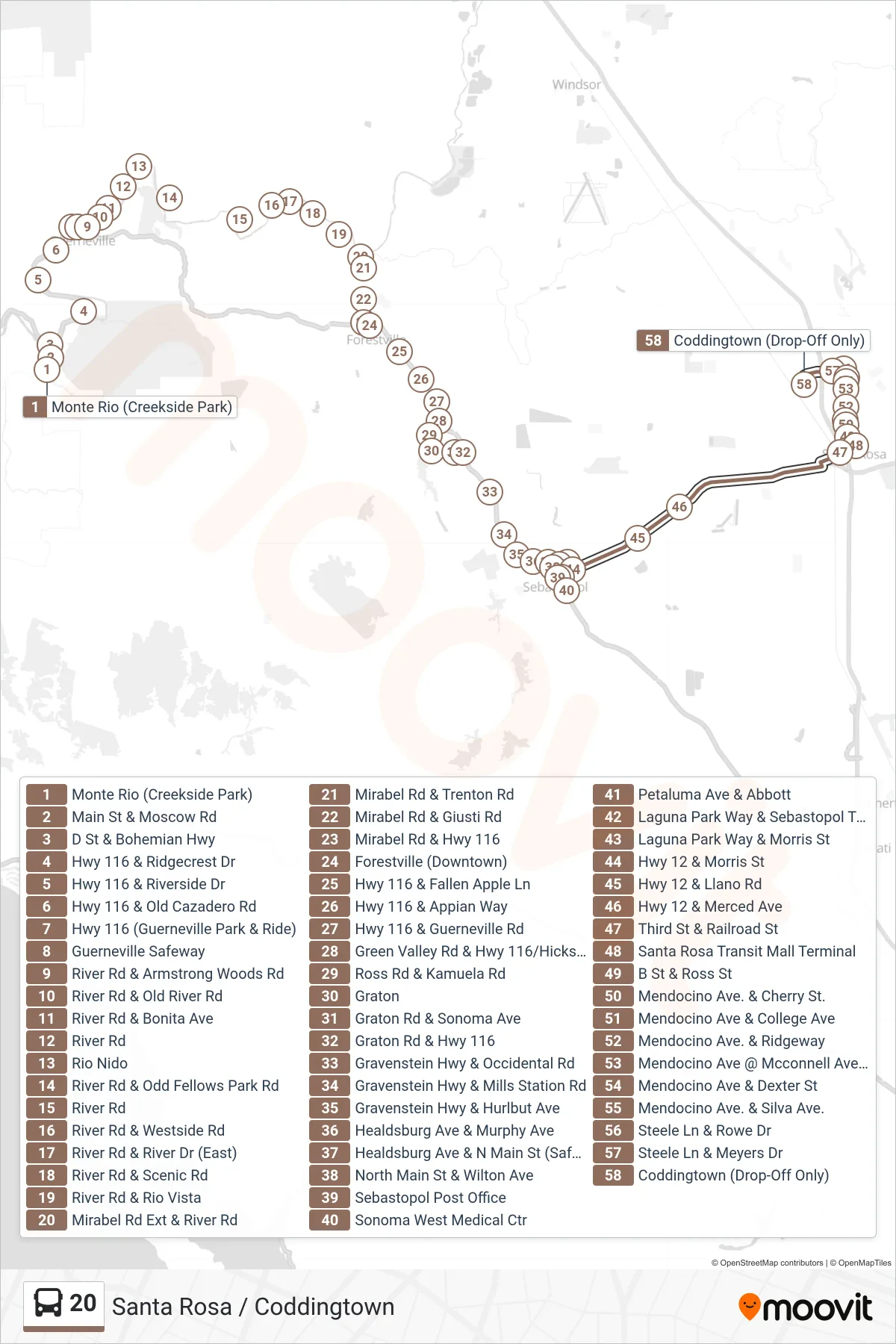 20 bus Line (Santa Rosa / Coddingtown) route and stops on a map