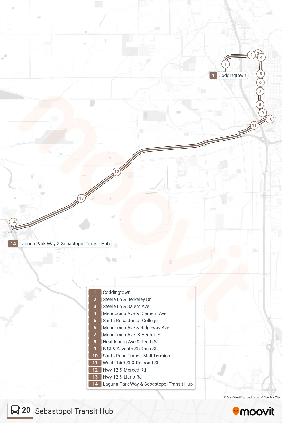 20 bus Line (Sebastopol Transit Hub) route and stops on a map