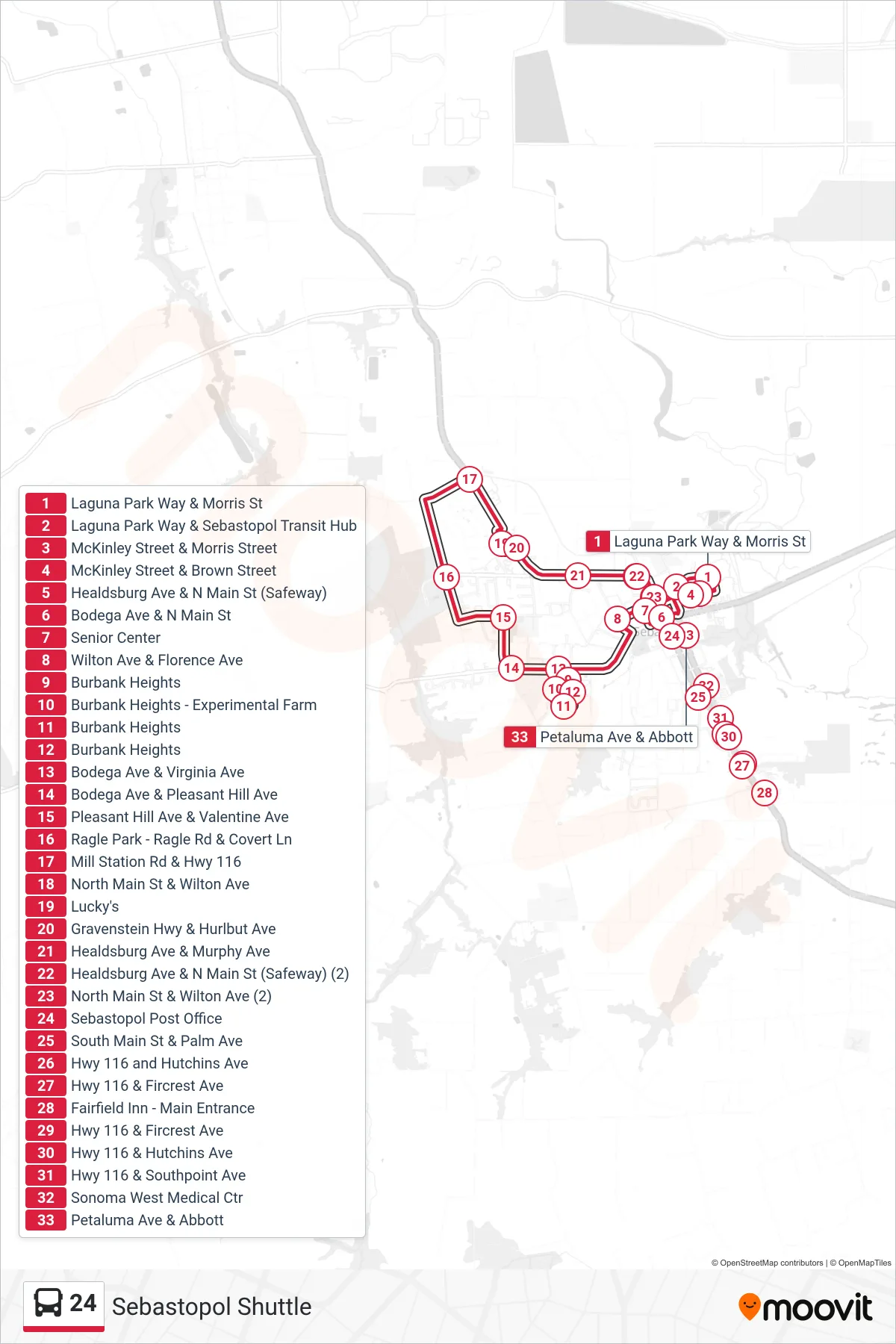 24 bus Line (Sebastopol Shuttle) route and stops on a map
