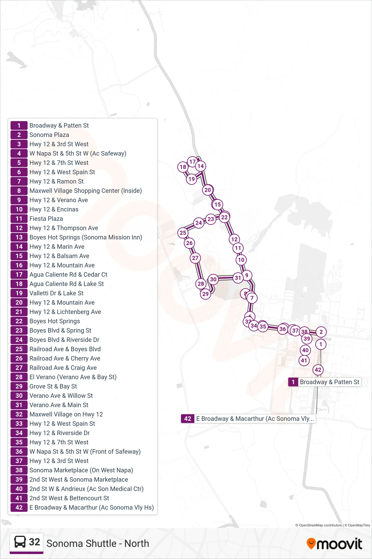 32 bus Line (Sonoma Shuttle - North) route and stops on a map