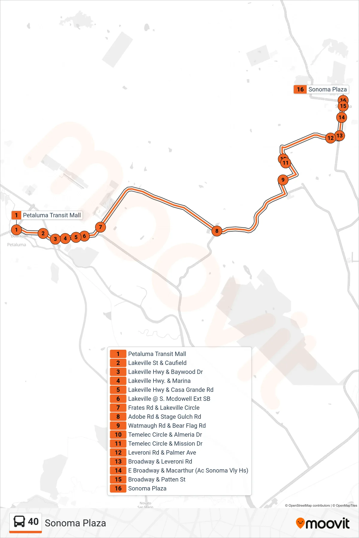 40 bus Line (Sonoma Plaza) route and stops on a map