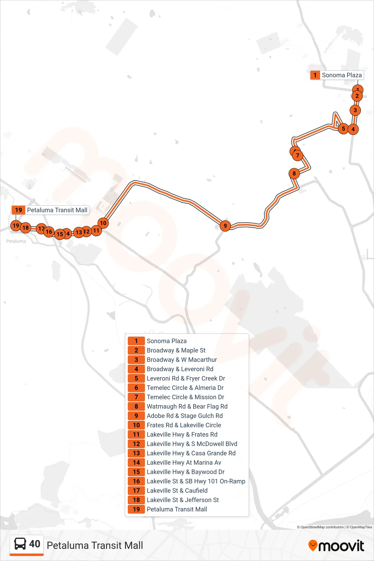 40 bus Line (Petaluma Transit Mall) route and stops on a map