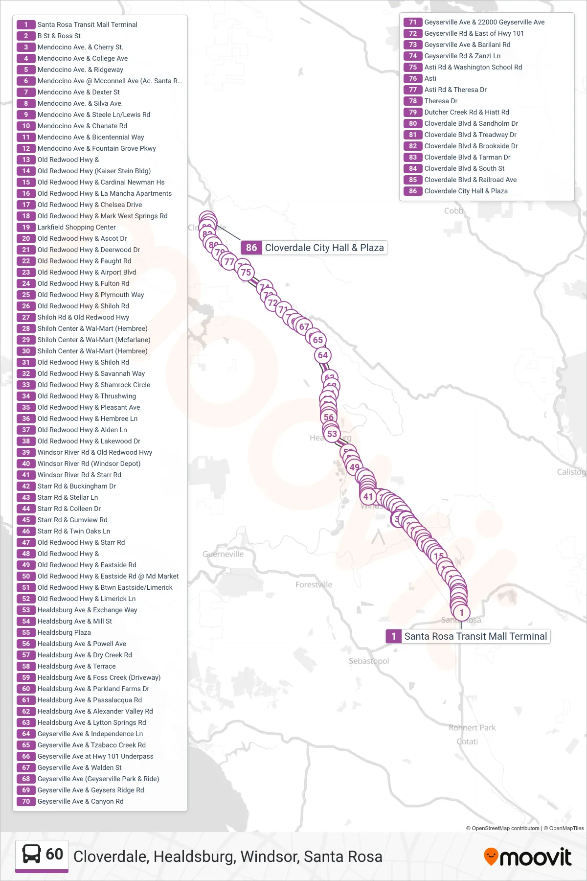 60 bus Line (Cloverdale) route and stops on a map