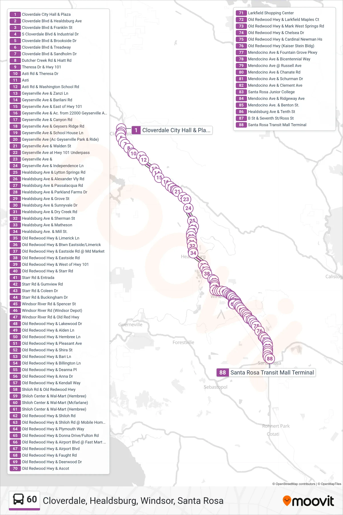 60 bus Line (Santa Rosa) route and stops on a map