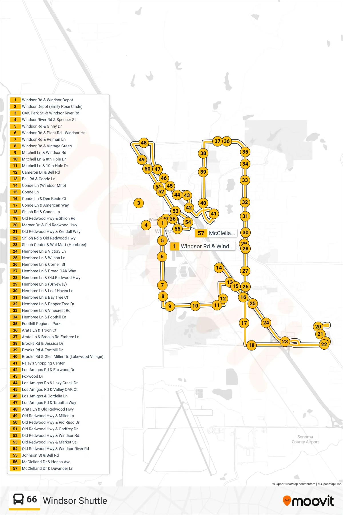 66 bus Line (Windsor Shuttle) route and stops on a map