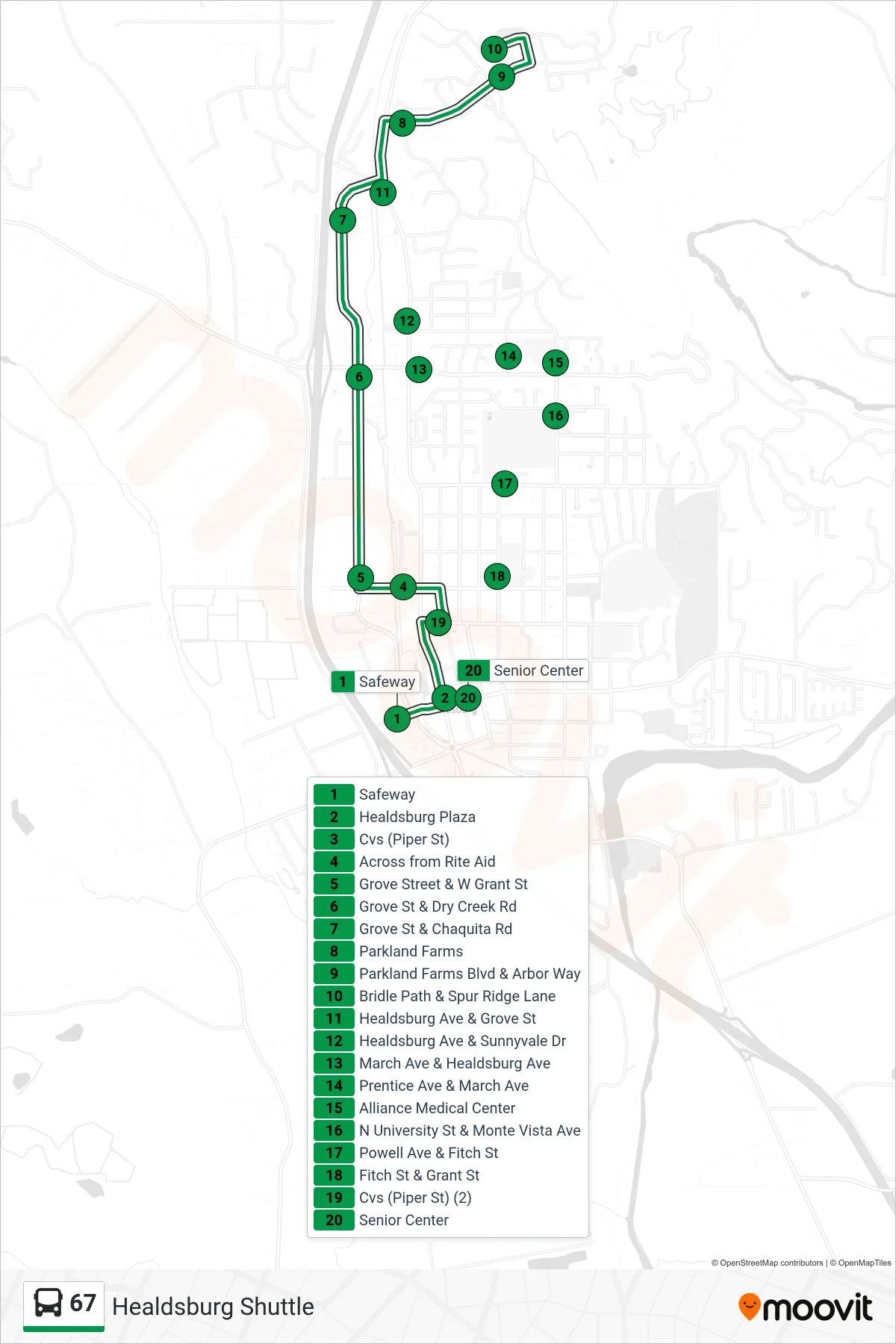 67 bus Line (North) route and stops on a map
