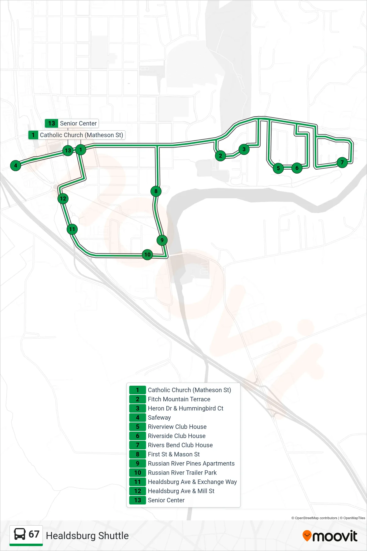 67 bus Line (South) route and stops on a map