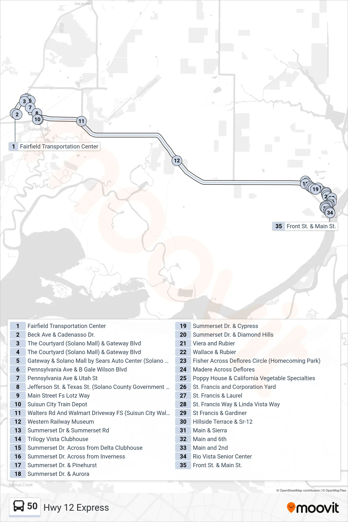 50 bus Line (Eastbound) route and stops on a map