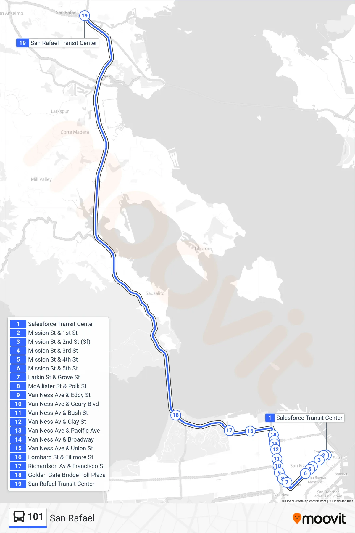 101 bus Line (San Rafael) route and stops on a map
