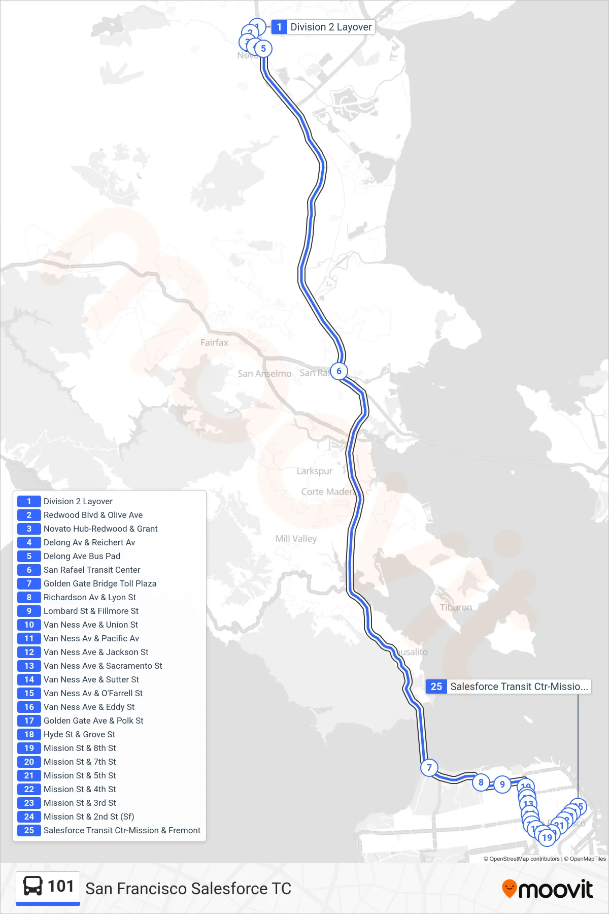 101 bus Line (San Francisco Salesforce TC) route and stops on a map