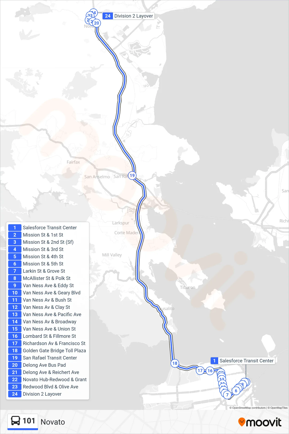 101 bus Line (Novato) route and stops on a map